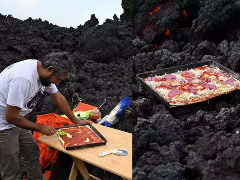 Pizza Volcano : Watch viral video guatemala man david garcia cooks pizza on active pacaya volcano video | Pizza Volcano :आश्चर्य! धगधगत्या ज्वालामुखीवर बनवला पिझ्झा; चीज अन् टोमॅटो सॉस घालून काही सेकंदात तयार