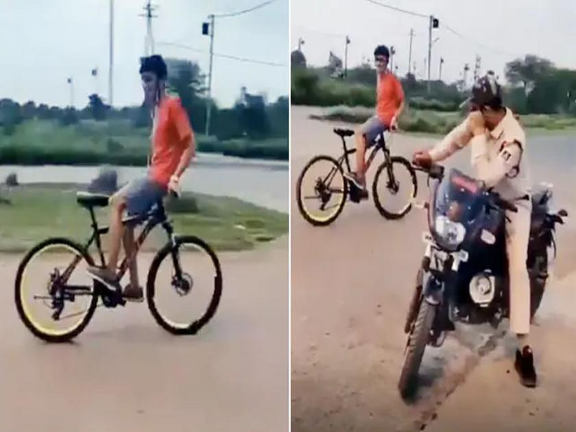 Police watching man doing cycle stunt on road ips gives epic reaction see viral video | Cycle stunt : बोंबला! सायकलवर उलटं बसून स्टंट करत होता; पोलिसांना पाहताच दिली अशी रिएक्शन; पाहा व्हिडीओ