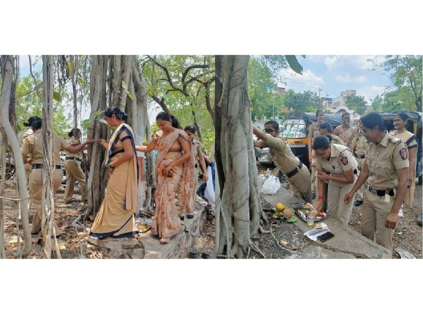 No sari, no make-up, women police's 'on duty vat savitri pujan' | ना साडी ना श्रृंगार, कर्तव्याचं लेणं घेऊन महिला पोलिसांचे ‘ऑनड्यूटी’ वटसावित्री पूजन