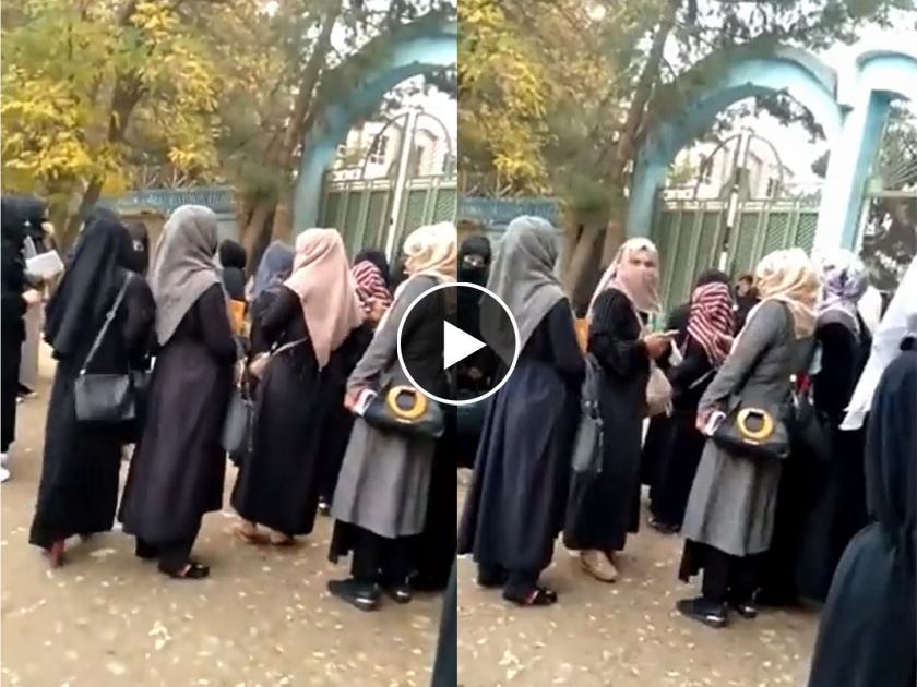afghanistan taliban beat girl students with whip badakhshan university protest against hijab burqa | Video - तालिबानचा क्रूर चेहरा पुन्हा उघड; विद्यापीठाबाहेर विद्यार्थिनींना मारले चाबकाचे फटके