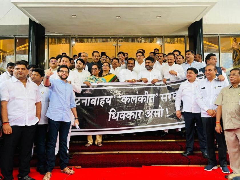 Maharashtra Monsoon Session Opposition parties raised slogans against the state government on the steps of the legislature | 'सासूमुळे वाटणी झाली, सासूच वाट्याला आली', विरोधकांनी विधिमंडळाच्या पायऱ्यांवर केली घोषणाबाजी