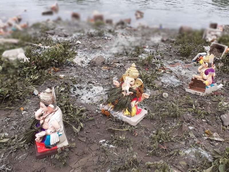 many ganesh idols found on riverbank of mutha | गणपती खरंच गेले का गावाला ?... पुण्यात बाप्पाच्या शेकडो मूर्ती नदीकिनारीच!