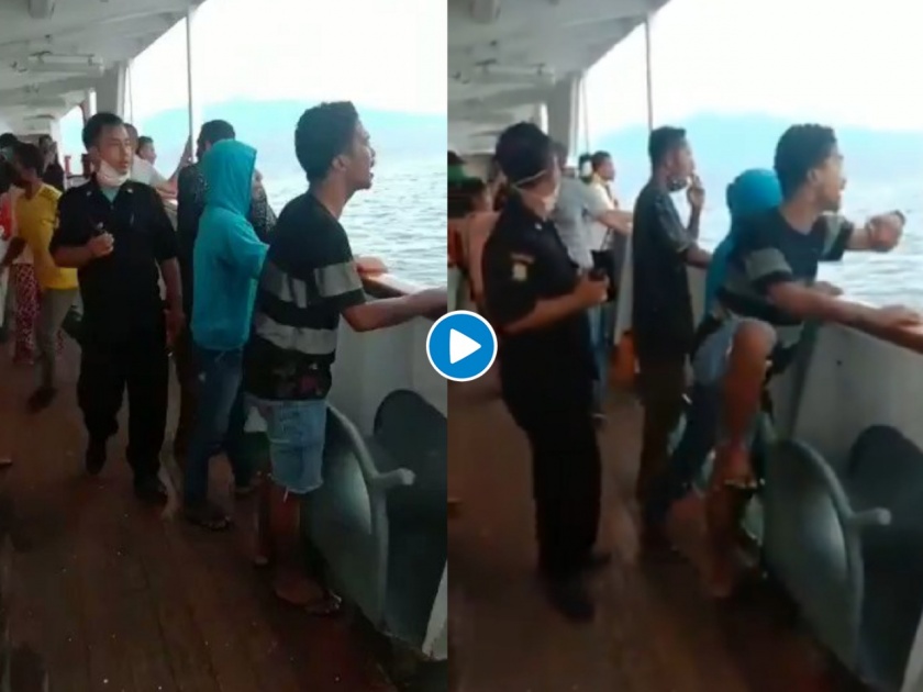 Passangers jump in sea when know some corona patient on ferry video viral myb | बापरे! २५५ जणांच्या बोटीत कोरोनोग्रस्त असल्याचं कळताच त्यांनी केलं असं काही, व्हिडीओ व्हायरल 