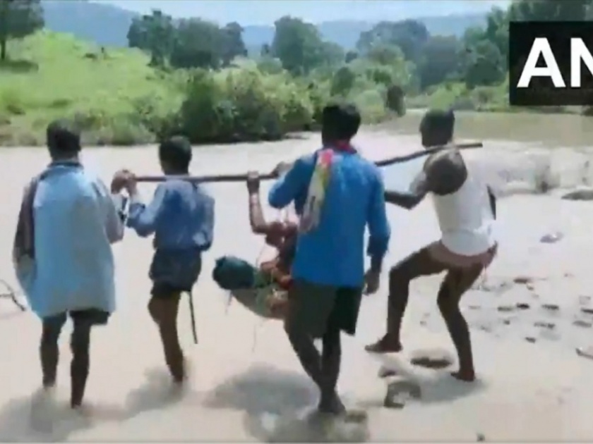 Video pregnant woman was carried makeshift basket through river Surguja | Video - ...म्हणून गर्भवतीला टोपलीत बसवून नदी पार करत पोहचवलं रुग्णालयात