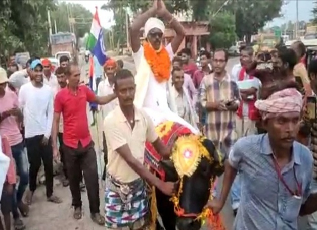 bihar election 2020 ravindra yadav alias kapil yadav went on buffalo for nomination | Bihar Election 2020 : ना सायकल, ना कार, 'म्हशी'वर स्वार होऊन अर्ज भरण्यासाठी दाखल झाले उमेदवार, कारण वाचून व्हाल हैराण