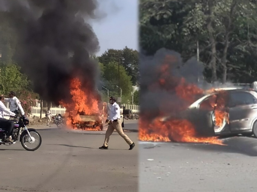 The burning of 'The Burning Car' on the highway in Jalgaon saved the lives of four people | जळगावात महामार्गावर ‘द बर्निंग कार’चा थरार, चौघांचा जीव वाचला 
