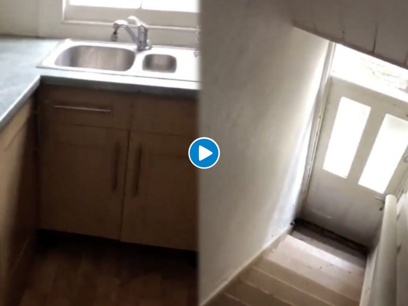 Guy finds a secret doorway with stairs hidden in kitchen watch video | बापरे! फ्लॅट बघायला गेला अन् किचनमध्ये जाताच ओट्याखाली दिसला गुप्त दरवाजा; पाहा व्हिडीओ