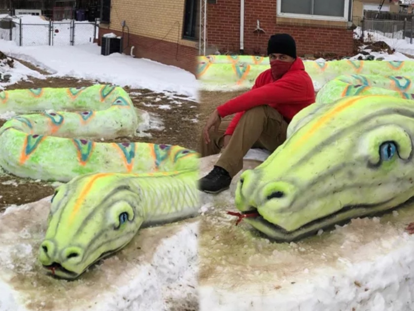 Snow art family in colorado create some 77 feet long snake see pics | बापरे! कधीही पाहिला नसेल ७७ फुटांचा लांबच लांब साप; फोटो पाहून डोळे राहतील उघडेच....
