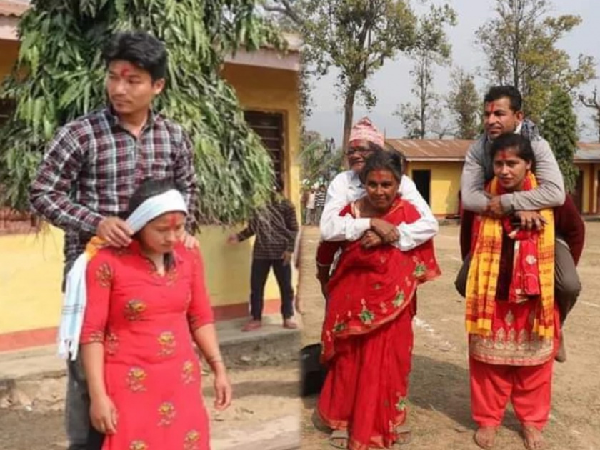 Trending Viral News in Marathi : Woman carry husband on their back news from nepal | Woman carry husband : ऐकावे ते नवलंच! ....म्हणून इथं पतीला पाठीवर बांधून धाव धाव धावतात महिला; कारण वाचून व्हाल अवाक्