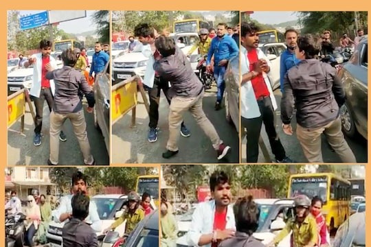 Angry girl slapped auto driver in middle of road at bhopal viral video | रिक्षाचालकाला भररस्त्यात तरुणीने लगावली श्रीमुखात; 'तो' जोडत राहिला हात 