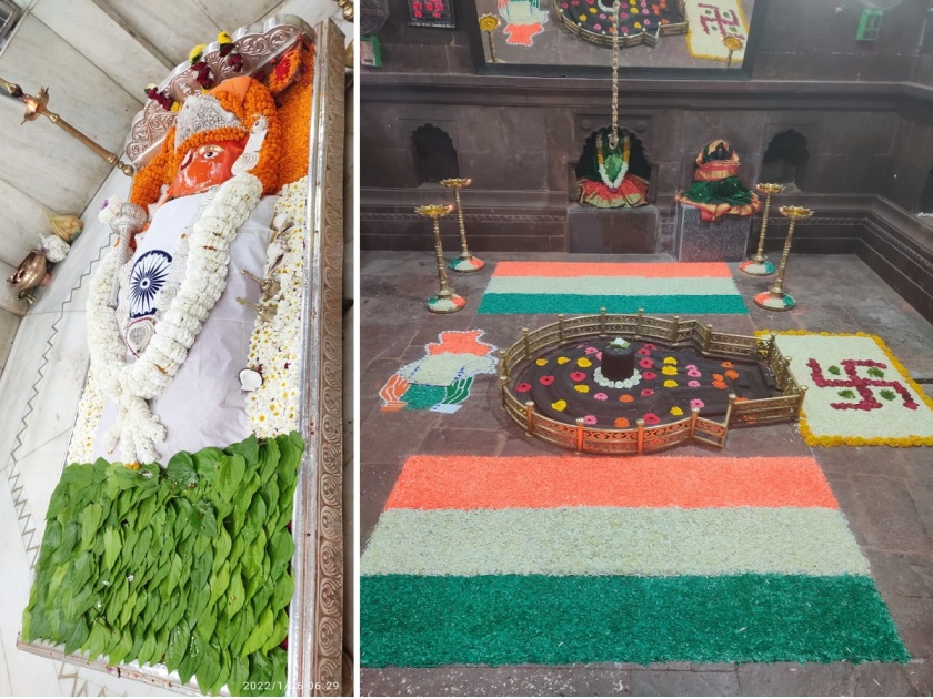 Attractive triangular decoration to Bhadra Maruti idol and in Ghrishneshwar temple | भद्रा मारूती मुर्तीस आणि घृष्णेश्वर मंदीरात आकर्षक तिरंगी सजावट