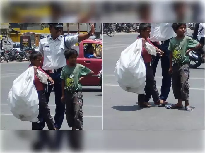 traffic constable ranjeet singh helped kid pic goes viral | वर्दीतील माणुसकी! कडाक्याचा उन्हात मुलाचे भाजत होते पाय; पोलिसाने स्वत:च्या पायावर केलं उभं