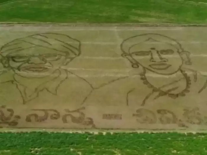 telangana farmer pays unique tribute to parents picture engraved in the paddy field | लय भारी! शेतकऱ्याची आई-वडिलांना अनोखी श्रद्धांजली; थेट शेतातच हुबेहुब प्रतिमा साकारली 