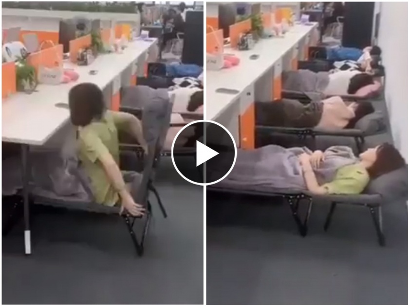 viral video of employees taking nap at office during lunch break | Video - अरे व्वा! खा, प्या, काम करा अन् ऑफिसमध्ये झोपा; टोमणे नाहीत, बॉसच देतो उशी-चादर