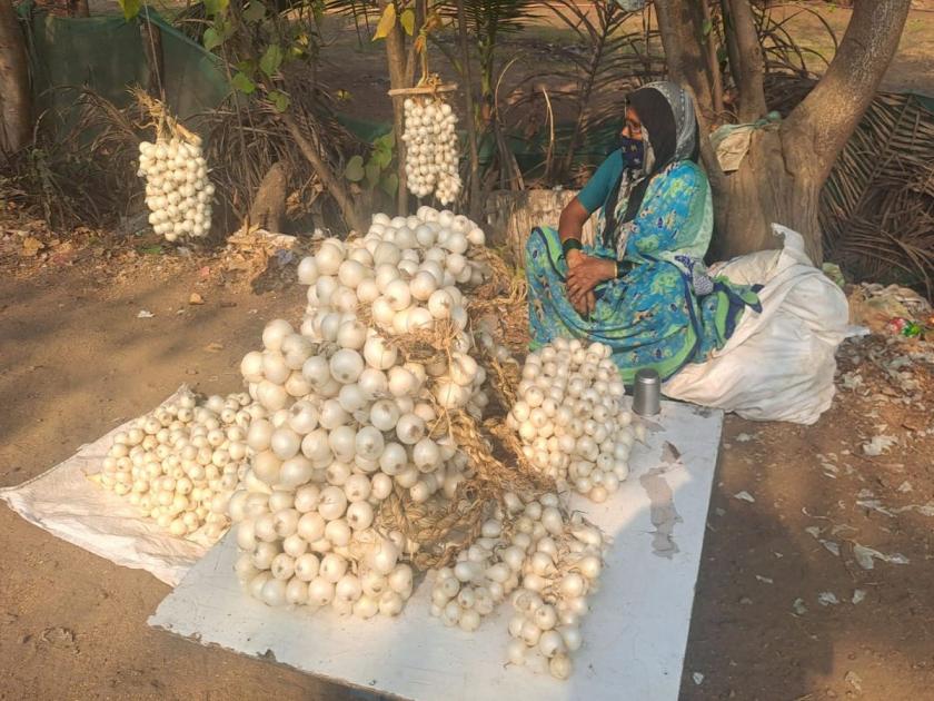 Raigad: Alibaug's white onion has hit the market, production has increased this year, farmers are eyeing the purchase of traders | Raigad: अलिबागचा पांढरा कांदा आला बाजारात, यंदा उत्पादन वाढले, व्यापाऱ्यांच्या खरेदीकडे शेतकऱ्यांचे लागले डोळे 
