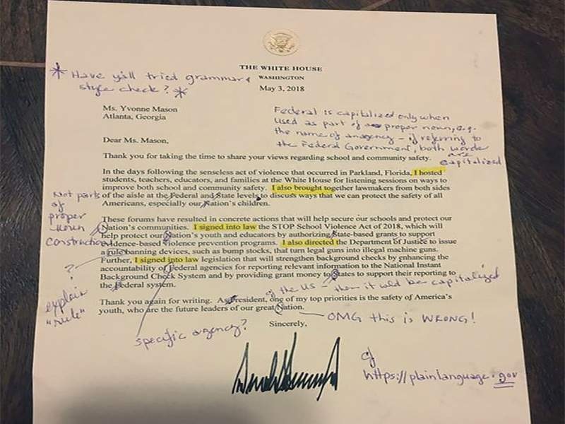 Retired English teacher corrects a White House letter and sends it back | डोनाल्ड ट्रम्प यांनी पाठवलेल्या पत्रातल्या काढल्या चुका; निवृत्त शिक्षिकेनं परत पाठवले पत्र