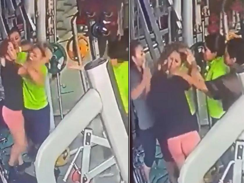 Two women fight in gym over equipment cctv footage viral | खतरनाक! Gym मध्ये दोन महिलांची फ्री स्टाईल फाइट, केस ओढून हाणामारी...