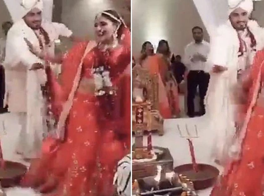 Bride and groom dancing during phera ceremony has divided the internet see viral video | "लग्न आहे की संस्कारांची आहूती?" या जोडप्याला नाचता नाचता सप्तपदी घेताना पाहून; भडकले उद्योगपती; म्हणाले.....