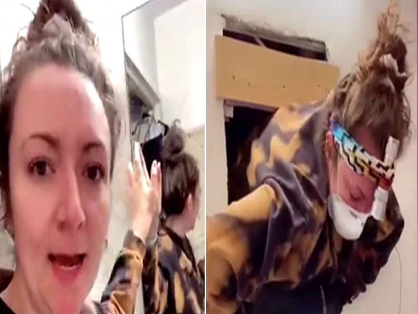 New york woman made stunning discovery found an entire apartment behind her bathroom mirror see viral video | थरारक! फॅन नसतानाही बाथरूमधून यायची हवा; तरूणीनं आतला आरसा बाजूला सरकवताच समोर आलं असं काही....