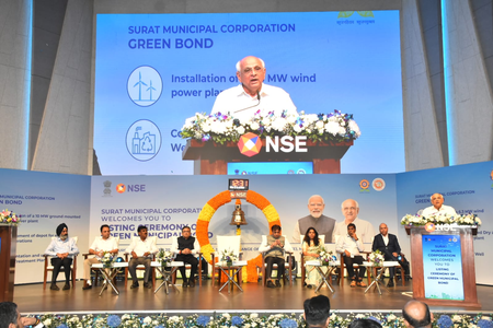 Surat Municipal Corporation's Green Bond lists on NSE, Gujarat CM rings ceremonial bell