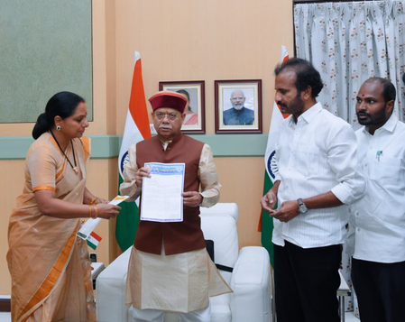 Kavitha meets Telangana Governor, seeks justice for people displaced by land acquisition