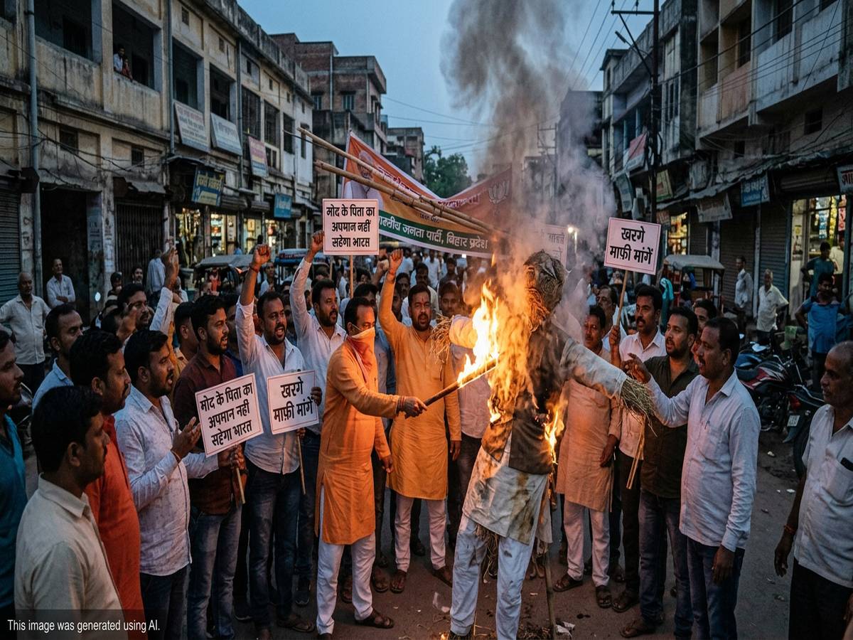 Bihar BJP Protests Kharge's Remark on PM Modi's Father, Burns Effigy ...