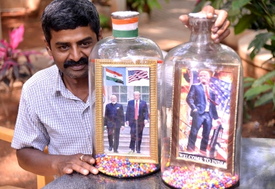 Bengaluru man's bottle art welcomes Trump to India | Bengaluru man's bottle art welcomes Trump to India