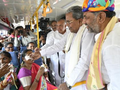 Free bus travel scheme launched, women in Karnataka celebrate | Free bus travel scheme launched, women in Karnataka celebrate