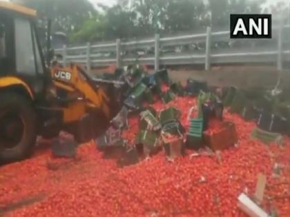 Truck full of tomatoes overturns on Eastern Express Highway in Maharashtra's Thane, 1 injured | Truck full of tomatoes overturns on Eastern Express Highway in Maharashtra's Thane, 1 injured