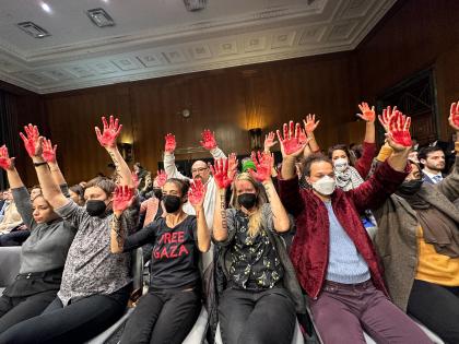 Anti-war protesters interrupt US Senate hearing on funding for Israel | Anti-war protesters interrupt US Senate hearing on funding for Israel