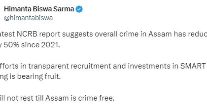 Overall crime in Assam dipped 50%: Himanta Biswa Sarma | Overall crime in Assam dipped 50%: Himanta Biswa Sarma Overall crime in Assam dipped 50%: Himanta Biswa Sarma | Overall crime in Assam dipped 50%: Himanta Biswa Sarma
