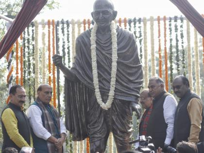 'PM Modi's decisions reflect Mahatma Gandhi's ideas', Rajnath unveils life-size statue | 'PM Modi's decisions reflect Mahatma Gandhi's ideas', Rajnath unveils life-size statue 'PM Modi's decisions reflect Mahatma Gandhi's ideas', Rajnath unveils life-size statue | 'PM Modi's decisions reflect Mahatma Gandhi's ideas', Rajnath unveils life-size statue