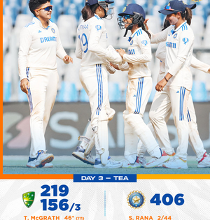 IND W v AUS W: Australia, 156/3 at tea, trail India by 31 runs in one-off Test | IND W v AUS W: Australia, 156/3 at tea, trail India by 31 runs in one-off Test