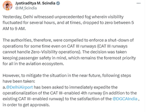 'Unprecedented fog compelled shutdown for some time', says Scindia on Delhi airport chaos | 'Unprecedented fog compelled shutdown for some time', says Scindia on Delhi airport chaos
