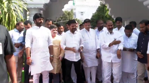 Telangana CM, legislators leave for Medigadda barrage | Telangana CM, legislators leave for Medigadda barrage Telangana CM, legislators leave for Medigadda barrage | Telangana CM, legislators leave for Medigadda barrage