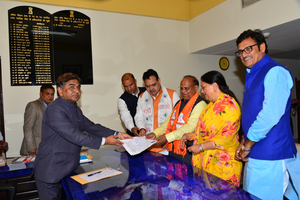 RS polls: Accompanied by party big-wigs, 2 BJP candidates file nomination in Raj | RS polls: Accompanied by party big-wigs, 2 BJP candidates file nomination in Raj