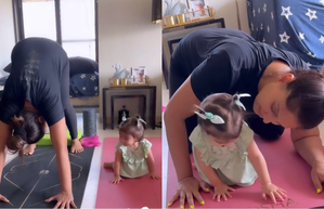 Bipasha's daughter tries to spell her name in workout video posted by mom | Bipasha's daughter tries to spell her name in workout video posted by mom