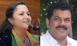 Actor Mukesh, BJP candidate Ashwini file nominations in Kerala | Actor Mukesh, BJP candidate Ashwini file nominations in Kerala