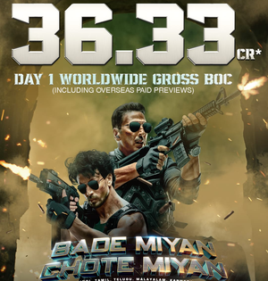 Akshay, Tiger-starrer 'Bade Miyan Chote Miyan' rakes in Rs 36 cr worldwide on Day 1 | Akshay, Tiger-starrer 'Bade Miyan Chote Miyan' rakes in Rs 36 cr worldwide on Day 1 Akshay, Tiger-starrer 'Bade Miyan Chote Miyan' rakes in Rs 36 cr worldwide on Day 1 | Akshay, Tiger-starrer 'Bade Miyan Chote Miyan' rakes in Rs 36 cr worldwide on Day 1