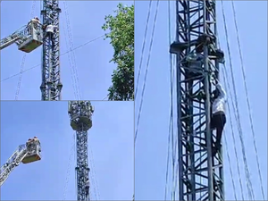 Delhi Police use fire brigade crane to bring down TN farmers from mobile tower | Delhi Police use fire brigade crane to bring down TN farmers from mobile tower