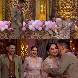 Madhuri's hubby surprises her with handwritten letter, visits 'Dance Deewane' set with dog | Madhuri's hubby surprises her with handwritten letter, visits 'Dance Deewane' set with dog