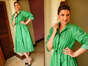 Sonali Bendre exudes cool chic vibe with all-green look, edgy heels, top-notch bun | Sonali Bendre exudes cool chic vibe with all-green look, edgy heels, top-notch bun