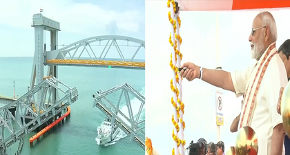 PM Modi inaugurates India's first vertical-lift sea bridge at TN's Rameswaram | PM Modi inaugurates India's first vertical-lift sea bridge at TN's Rameswaram PM Modi inaugurates India's first vertical-lift sea bridge at TN's Rameswaram | PM Modi inaugurates India's first vertical-lift sea bridge at TN's Rameswaram