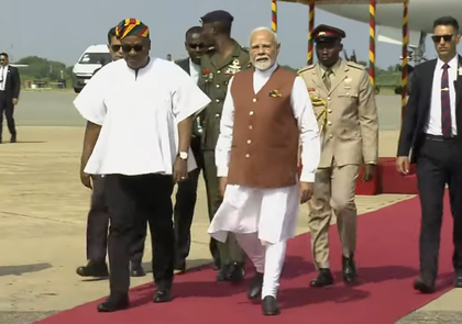 PM Modi begins landmark visit to Ghana, receives warm welcome from President Mahama at airport | PM Modi begins landmark visit to Ghana, receives warm welcome from President Mahama at airport