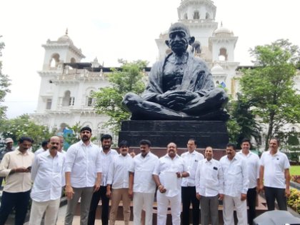 BRS MLAs submit petition at Gandhi statue over disqualification plea | BRS MLAs submit petition at Gandhi statue over disqualification plea