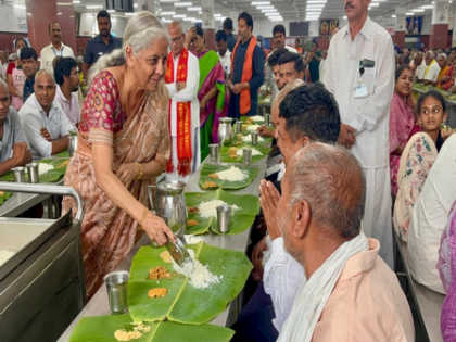 FM Nirmala Sitharaman serves Annaprasadam to devotees at Tirumala temple | FM Nirmala Sitharaman serves Annaprasadam to devotees at Tirumala temple