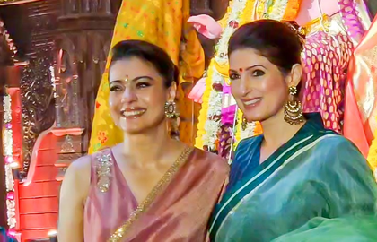 Twinkle Khanna poses with her 'Two Much With Kajol and Twinkle’ co-host during Durga Puja | Twinkle Khanna poses with her 'Two Much With Kajol and Twinkle’ co-host during Durga Puja