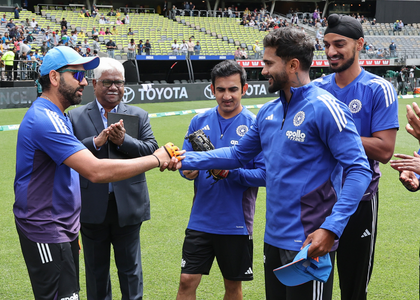 AUS vs IND: Nitish Kumar Reddy receives ODI debut cap from Rohit Sharma | AUS vs IND: Nitish Kumar Reddy receives ODI debut cap from Rohit Sharma AUS vs IND: Nitish Kumar Reddy receives ODI debut cap from Rohit Sharma | AUS vs IND: Nitish Kumar Reddy receives ODI debut cap from Rohit Sharma