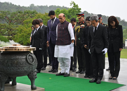 Defence Minister Rajnath Singh pays homage to Korean war heroes at National Cemetery in Seoul | Defence Minister Rajnath Singh pays homage to Korean war heroes at National Cemetery in Seoul Defence Minister Rajnath Singh pays homage to Korean war heroes at National Cemetery in Seoul | Defence Minister Rajnath Singh pays homage to Korean war heroes at National Cemetery in Seoul