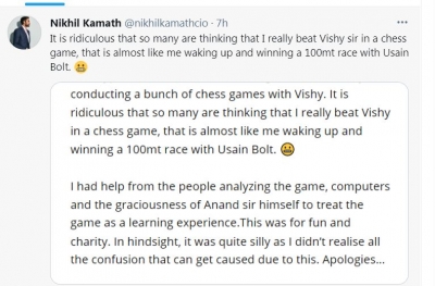 Zerodha's Nikhil Kamath apologies for cheating Anand in chess | Zerodha's Nikhil Kamath apologies for cheating Anand in chess